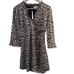 SUNCOO PARIS LEOPARD PRINT 3/4 SLEEVE V/NECK ROMPER RUFFLED COLLAR & CUFF  SZ S